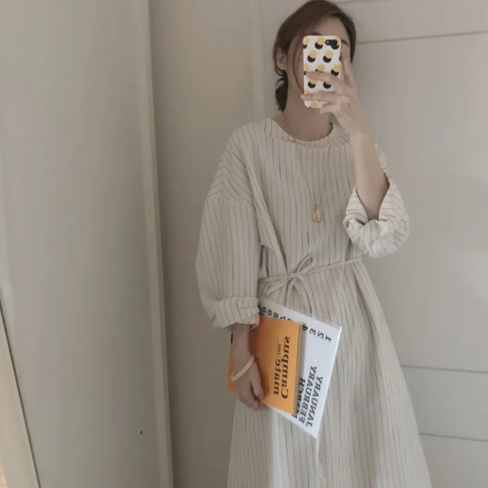 

Женское Повседневное платье в полоску SuperAen, Повседневное платье до щиколотки с прямым поясом в стиле ретро, осень