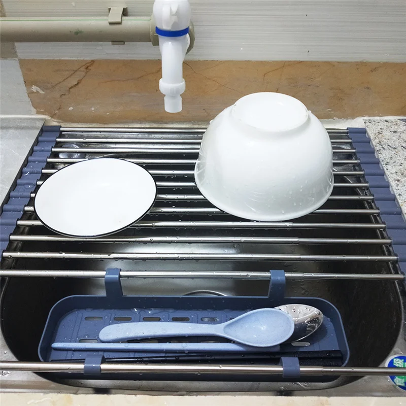 

Hot Telescopic Sink Kitchen Drainer Rack Storage Basket Dishes Drain Holder Sponge Holder Adjustable Holder For Home Kitchen
