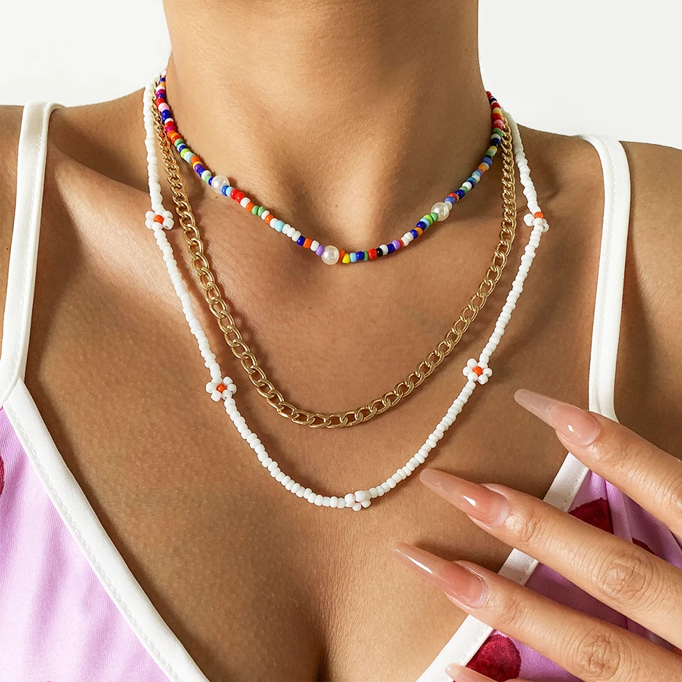 

Multicolor Rainbow Beads Choker Necklaces For Women Girls Sweet Cute Daisy Charms Acrylic Beaded Gold Chains Necklaces Jewelry