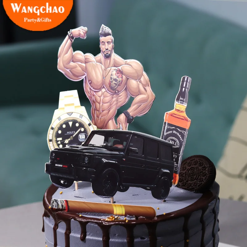 

Handsome Muscle Fitness Man Wine Watch Car Rich Theme Cake Topper Dad Happy Birthday Cake Decoration Father's Day Gift