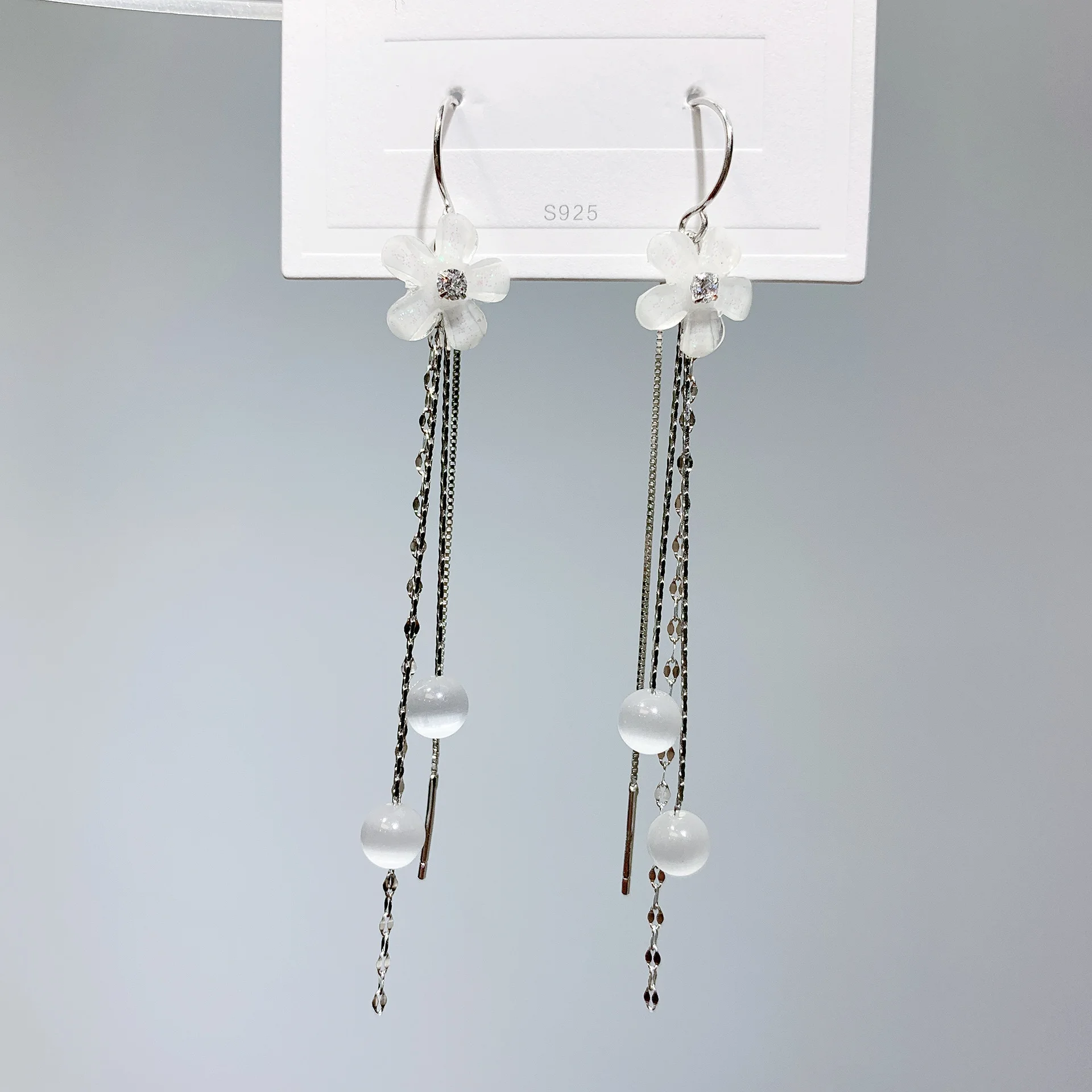 

Viwisfy 100% Real 925 Sterling Silver Drop Earrings For Women Vintage Opal Beads Long Flower Dangle Earrings Girl VW21338
