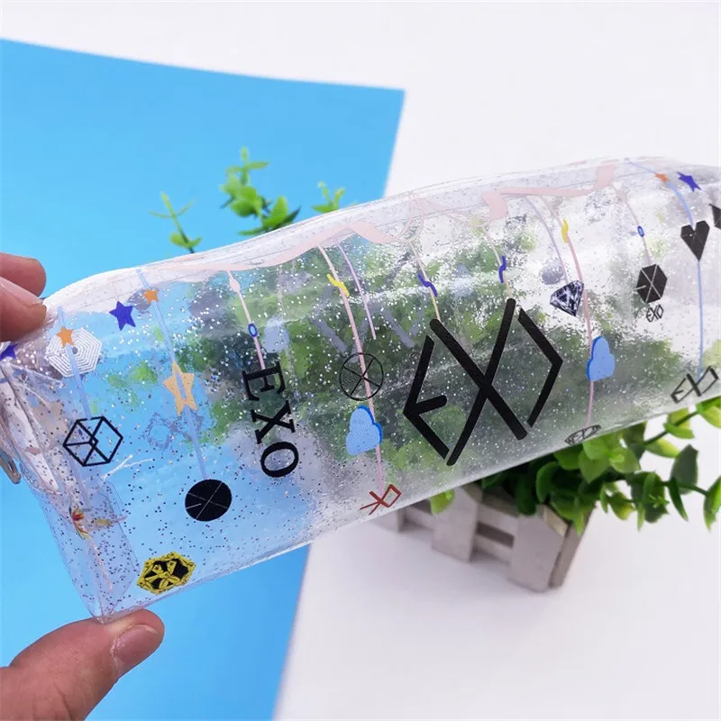 

New Kpop Bangtan Boys EXO TWICE GOT7 NCT SEVENTEEN Makeup Bag Transparent Storage Bag Pencil Case Size 19*6CM