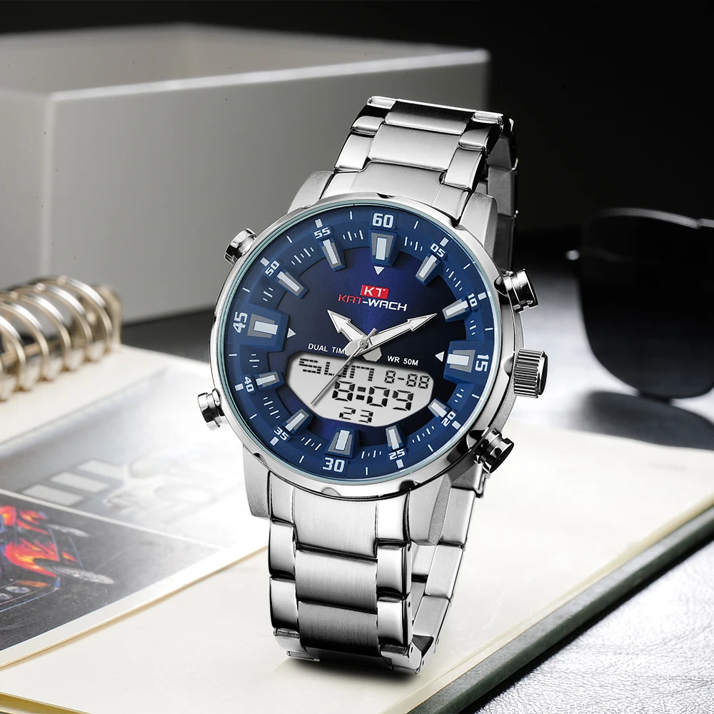 KT New Mens Watches with Stainless Steel Dual Display Waterproof 3D Dial Analog Digital Chronograph Male Sport Style KT1815
