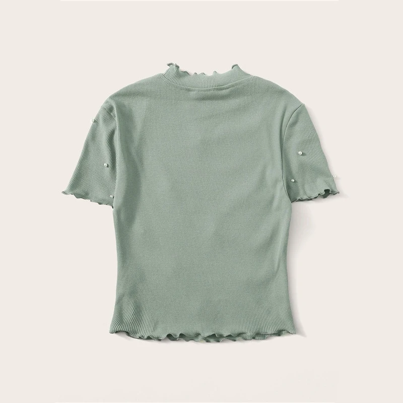 ROMWE Черный насыщенный салат отделкой жемчугом Бисер Crop Tee Для женщин Лето Элегантный Воротник-стойка футболки женские, облегающие Топы