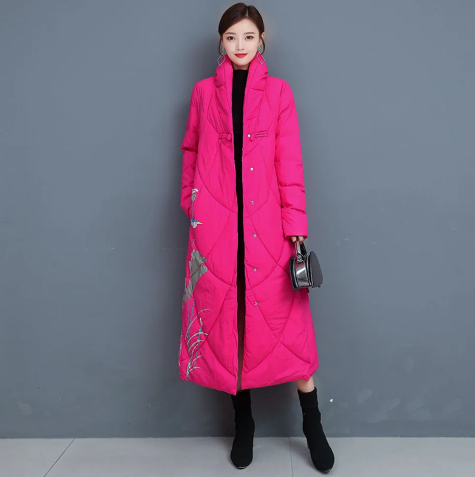 

Parkas Winter New Women's Long Section Ethnic Style Retro Padded Jacket Over The Knee Mother Printed Temperament TthickJacket