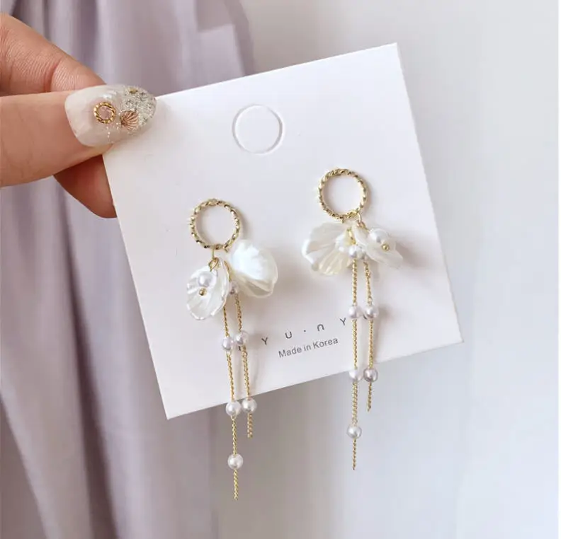 Серьги в виде ракушек корейские Элегантные Простые жемчужные лепестки длинные