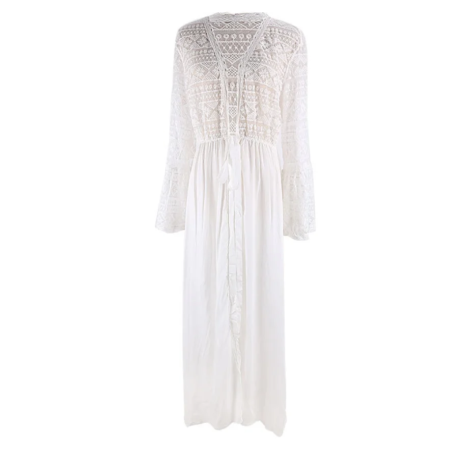 

2021 Summer Swimsuit Cover Up Lace Long Cardigan Beach Skirt Bikini Blouse for Women Sunscreen Swimsuit