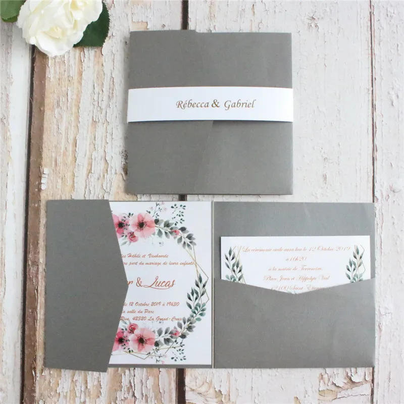 grey Faire часть mariage свадебные Приглашения с изготовленные на заказ с принтом цветочной вставкой карты и пояс, 50 шт в наборе - Цвет: grey