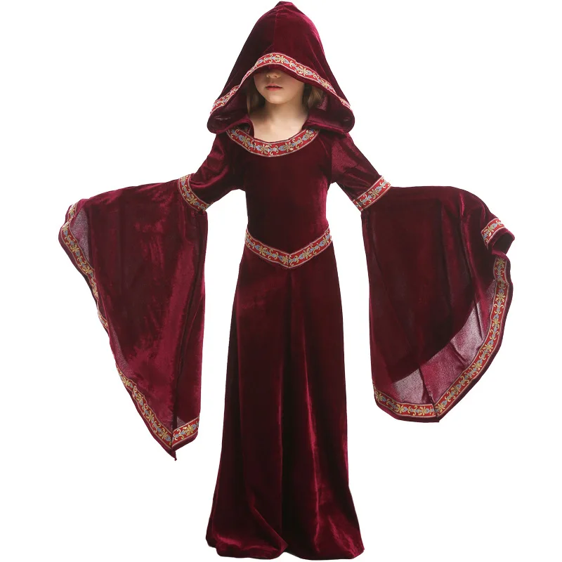 

Medieval Vampire Witch Dress Halloween Cosplay Costume for Kid Girl Middle Ages Carnival Party Performance Long Cloth Burgundy