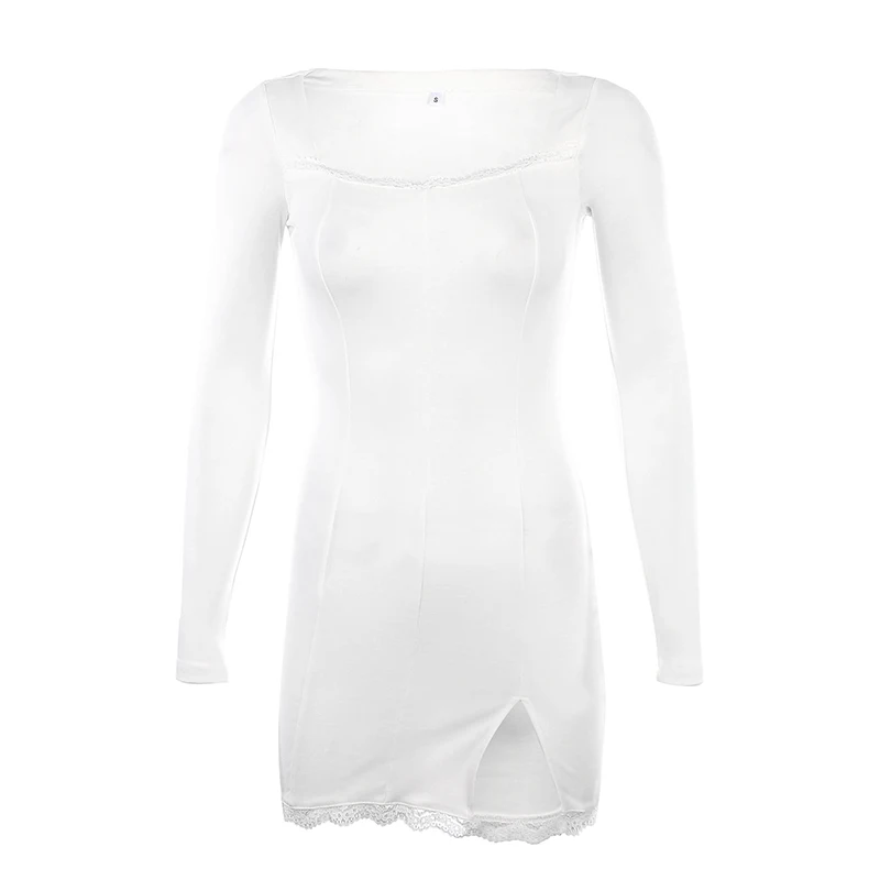 

MWYOOC Spring Split Lace Sexy Mini Dress Women Transparent Long Sleeve Bodycon Square Collar Above Knee Dresses Party Dress
