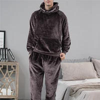 puimentiua winter thick warm flannel pajama sets for men long sleeve hooded sleepwear suit pyjamas lounge homewear home clothes