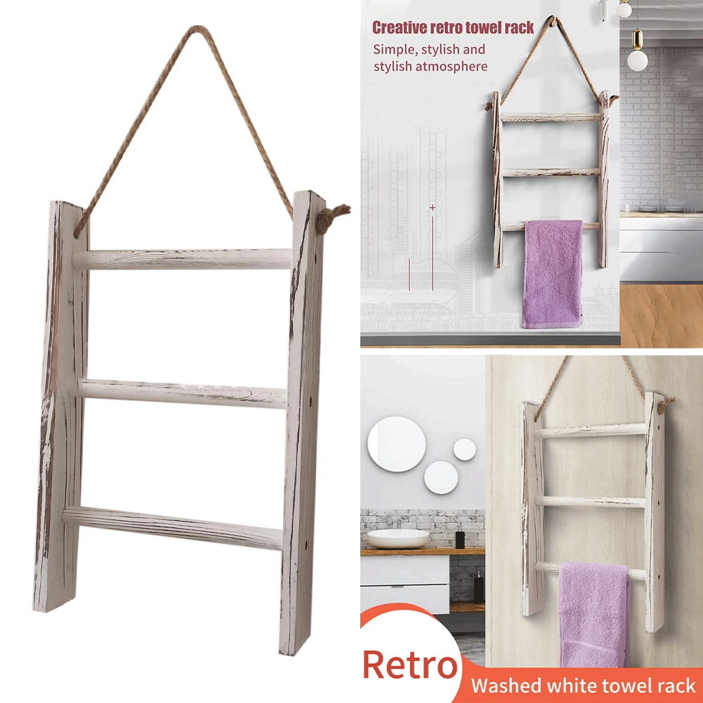 

3 Tiers Blankets Wooden Towel Rack Wall Hanging Bathroom Space Saving Mini With Rope Retro Living Room Storage Ladder Home Decor