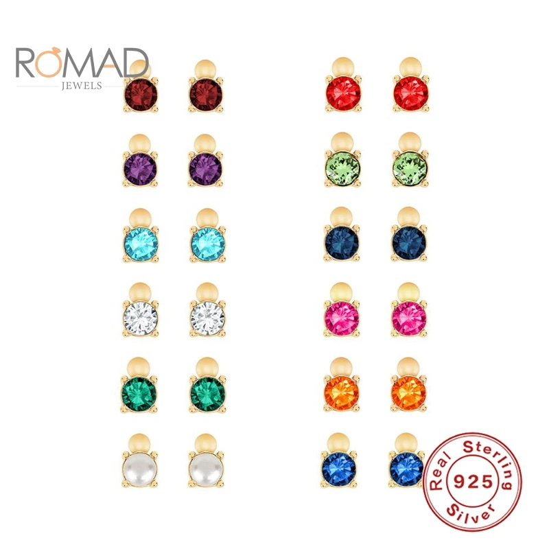 ROMAD 925 стерлингового серебра серьги гвоздики для женщин 2020 все матч 12 цветов