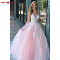 lace floral prom dresses long deep v neck a line tulle sleeveless 2022 pink evening party gowns gala elegant fashion