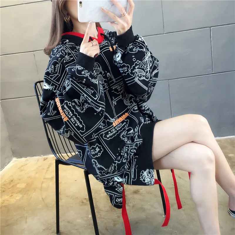 

Spring and autumn loose mid-length thin hooded sweater
