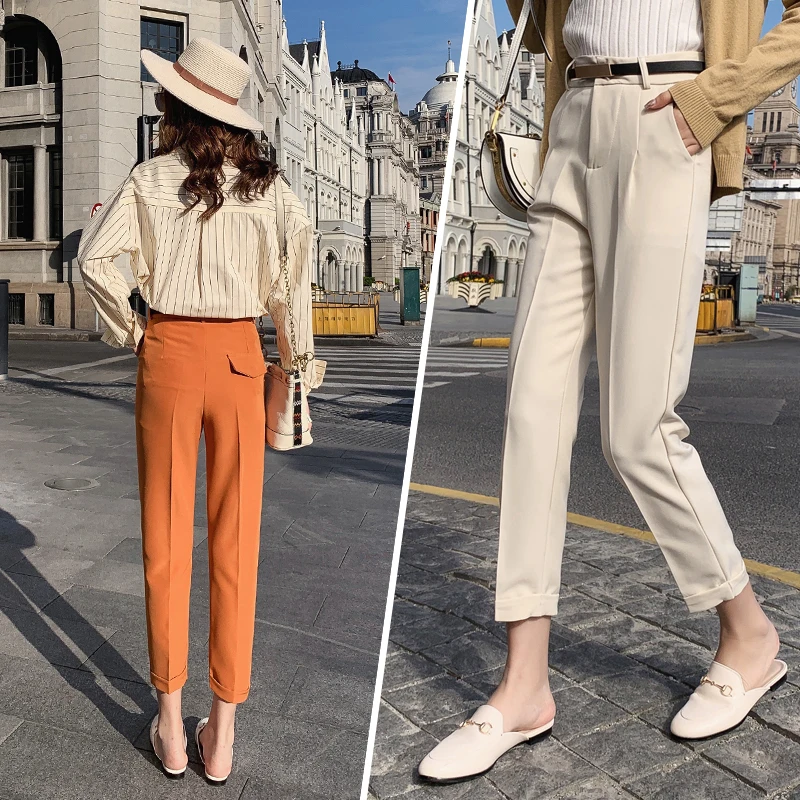 Женские повседневные брюки карандаш REALEFT бежевые с высокой талией и поясом