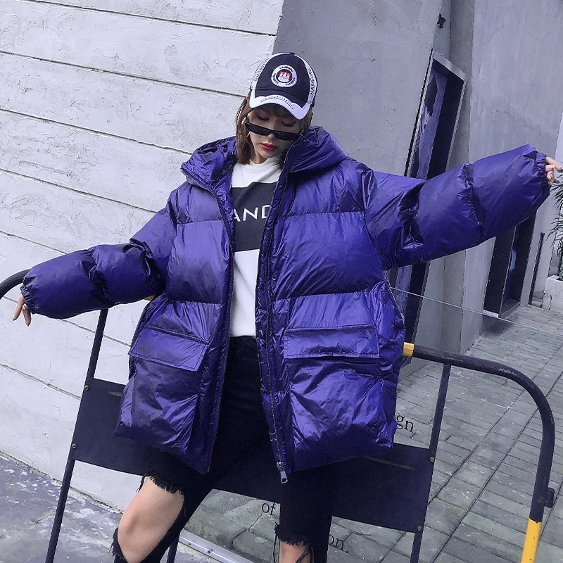 Женская асимметричная парка на пуху теплая однотонная блестящая свободная