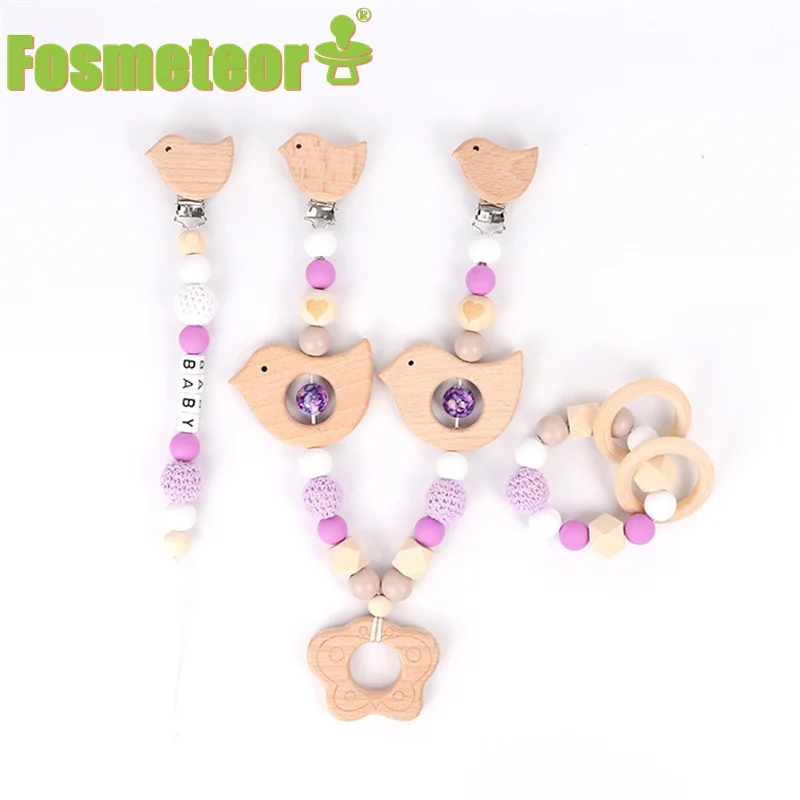 

Fosmeteor Baby Wooden Teether Pacifier Clip Chain Beech Rodent Ring Baby Nursing Rattle Food Grade Perle Silicone Bead Toy Set