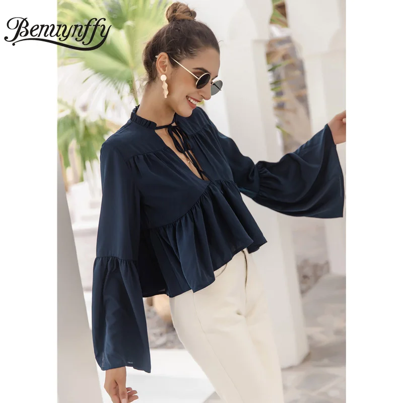 

Benuynffy Tie Neck Streetwear Sexy Top Women Autumn Fashion OL Pleated Shirts 2020 Deep V-Neck Long Sleeve Ladies Blouses Tops