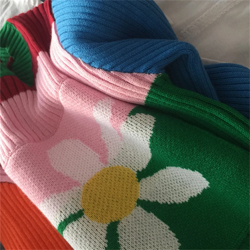 Womens Contrast Striped Crop Sweater Patched Flower Skinny-Fit Crew Neck Long Sleeve Pullover Knit Top Harajuku e-Girl / | Женская