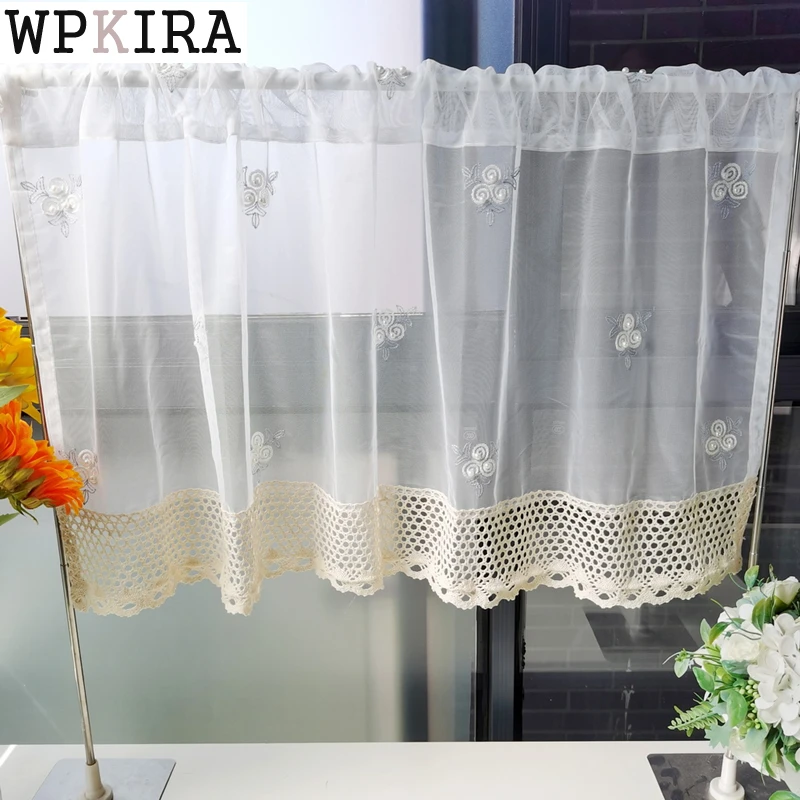 

Romantic Pearls Foral Short Curtain for Bay Window Voile Drape Lace Crochet Bottom Kitchen Door Partition Home Decoration 426C#D