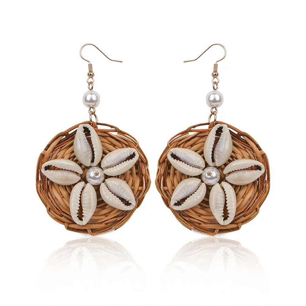 

Seashell Earrings Fashionable Ocean Wind Hand-woven Disc Drop 2019 New Originally Wrapped Rattan Earrings