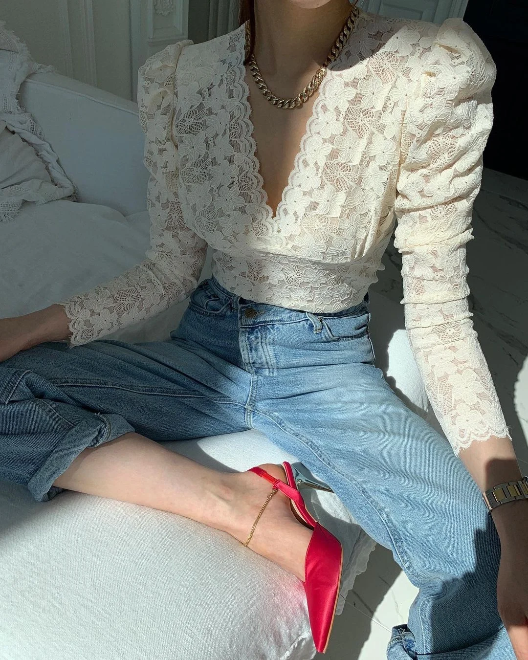 Шикарный волнистый кружевной топ с V образным вырезом в Корейском стиле