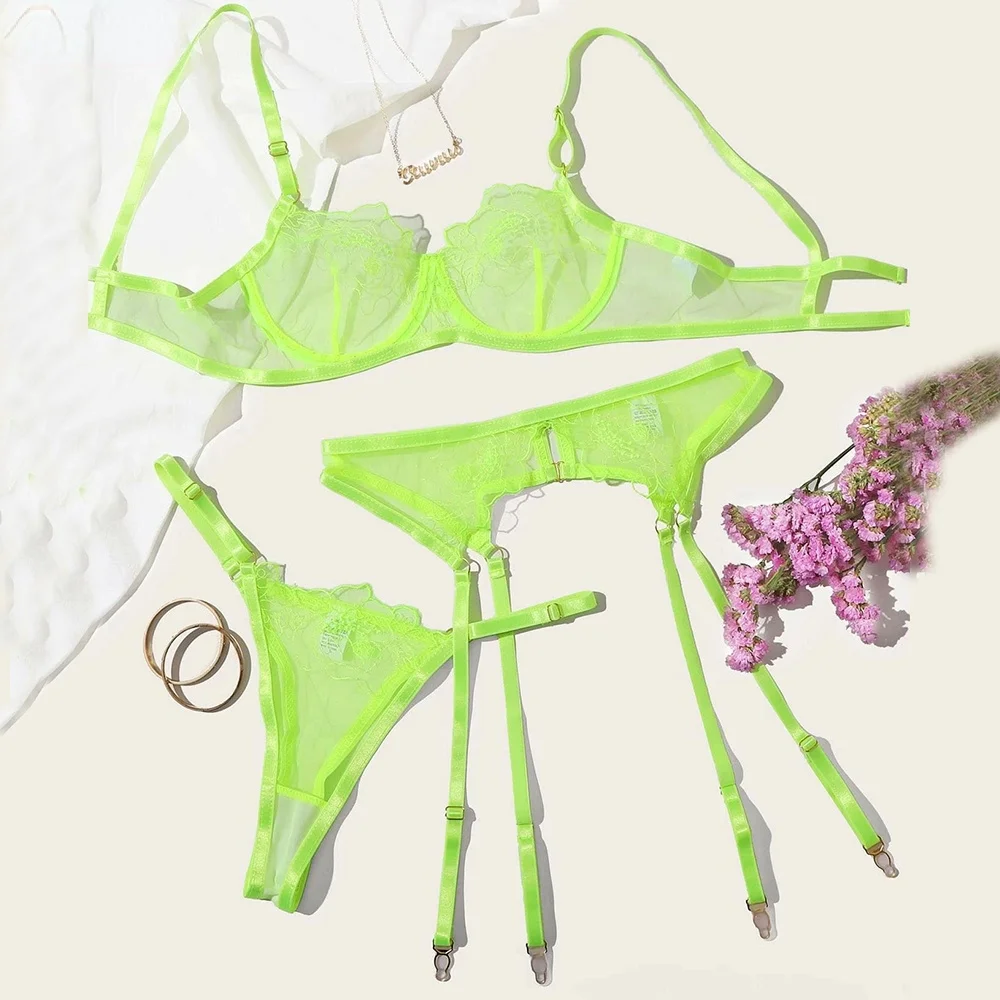 

New Fashion Women's Bra Panties Set Push Up Sexy Lingerie Perspective Hollowing Lace Underwear Garters Thong Suit