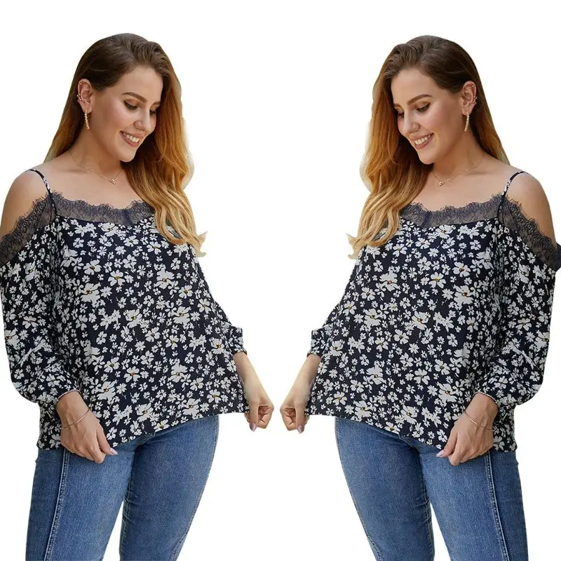 

Женские свободные топы с рукавами-фонариками размера плюс, сексуальные рубашки с открытыми плечами на бретельках, винтажная кружевная улич...