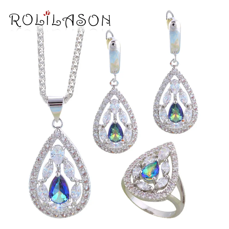 

ROLILASON Trendy Hot Sell Water Drop Mutilcolor zircon Silver Stamped Fashion Jewelry Set Earring Necklace Pendant Rings JS687