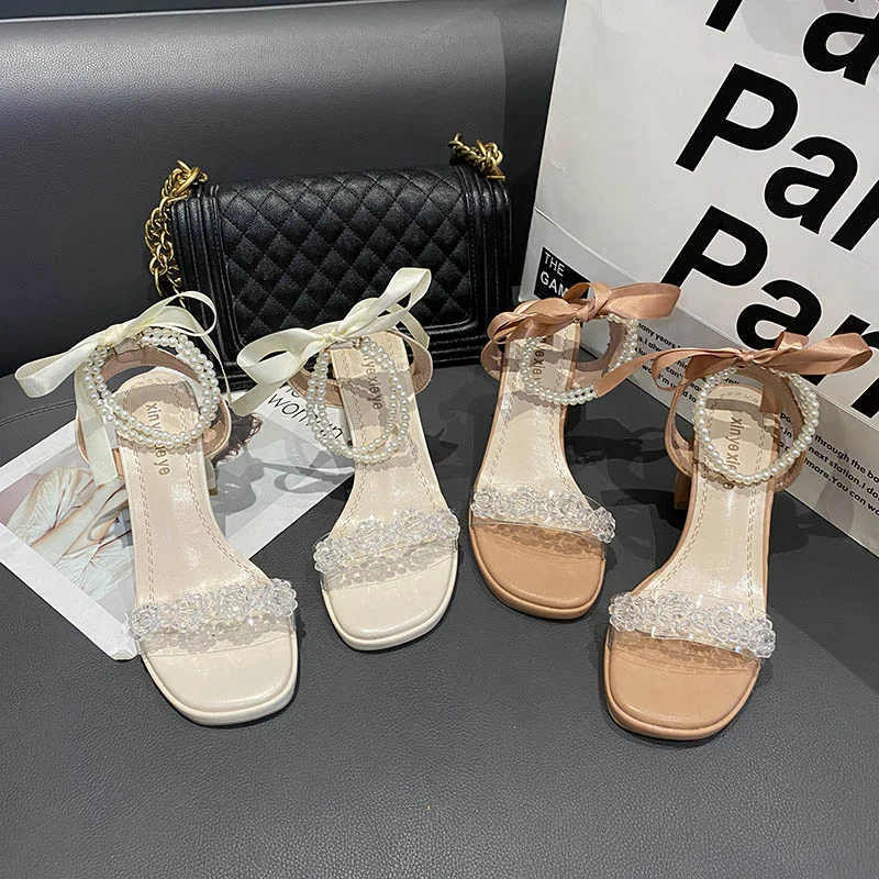 

European Fashion Sandals Women Summer 2021 New Rhinestone Transparent Temperament Thick High Heels Women Sandals