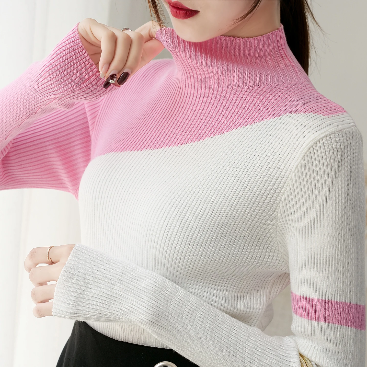 Autumn 2022 Semi-high Collar Knit Sweaters Women Tops Patchwork Bottoming Shirts Slim Winter Clothes Turtleneck 6998 50 | Женская одежда
