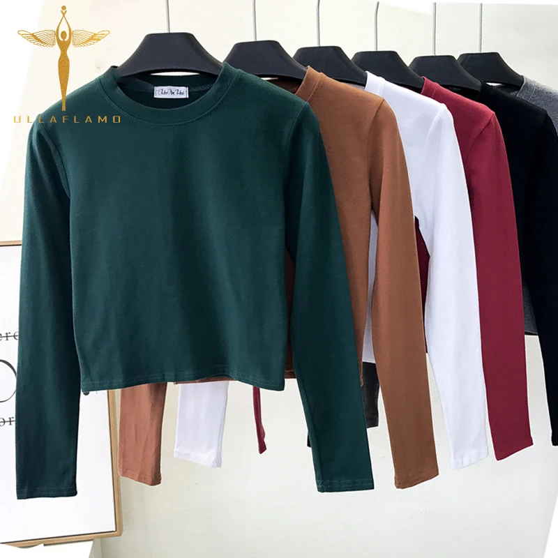 

95% Cotton Round Neck Casual Women's Long Sleeve Top Basic Crop Top T Shirt Black Tight Women Tshirt White