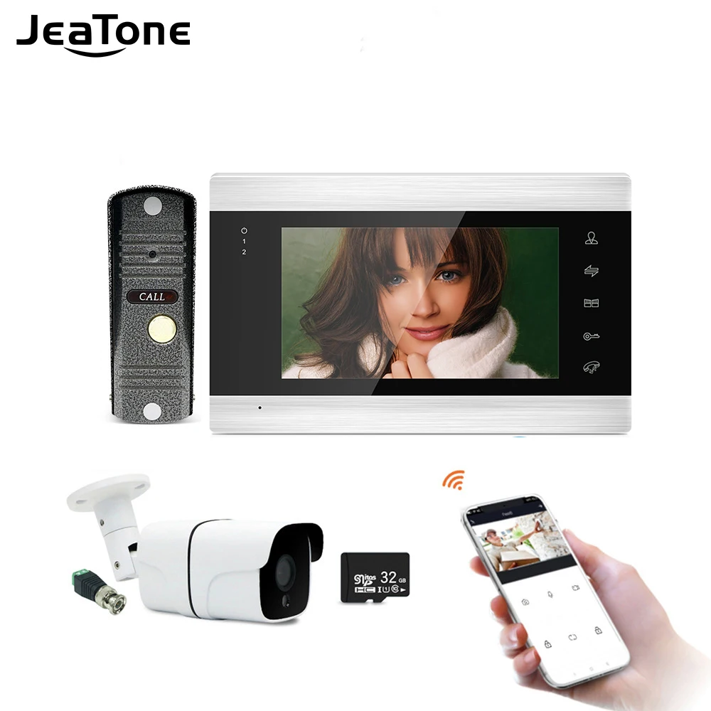 Jeatone 7 Inch Tuya WiFi IP Video Door Phone Intercom System+Waterproof 720P Mini Doorbell and CCTV Camera Support Remote Unlock