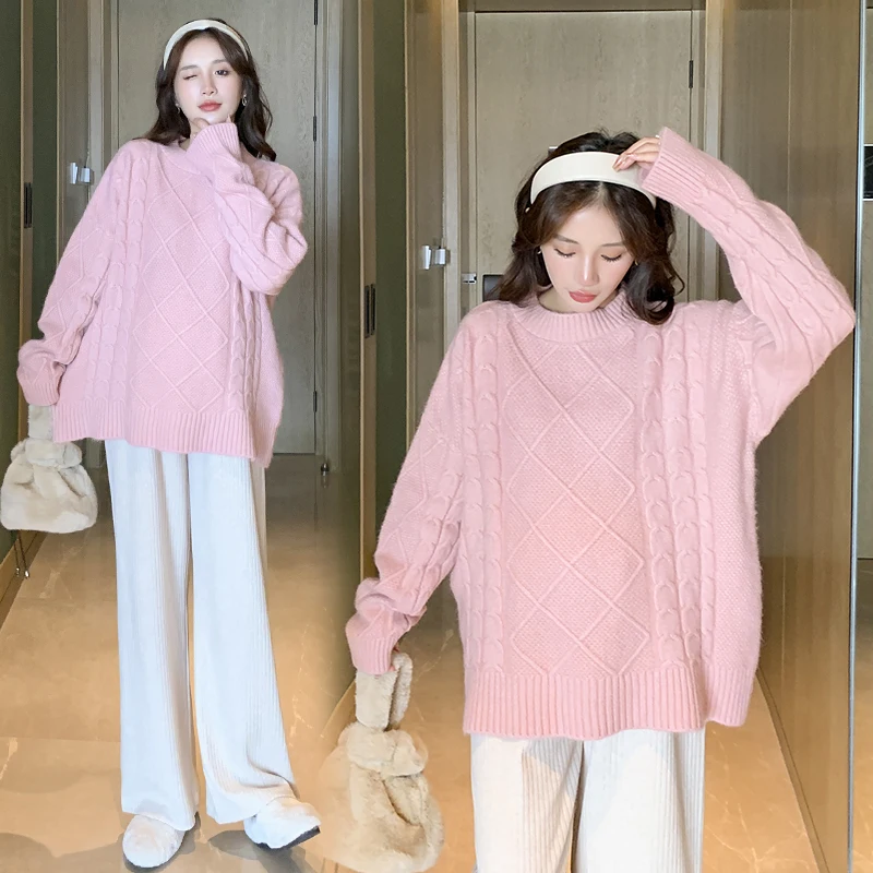

219# Autumn Winter Korean Fashion Pink Knitted Maternity Sweaters Chic Ins Lose Lovely Clothes for Pregnant Women Pregnancy Tops
