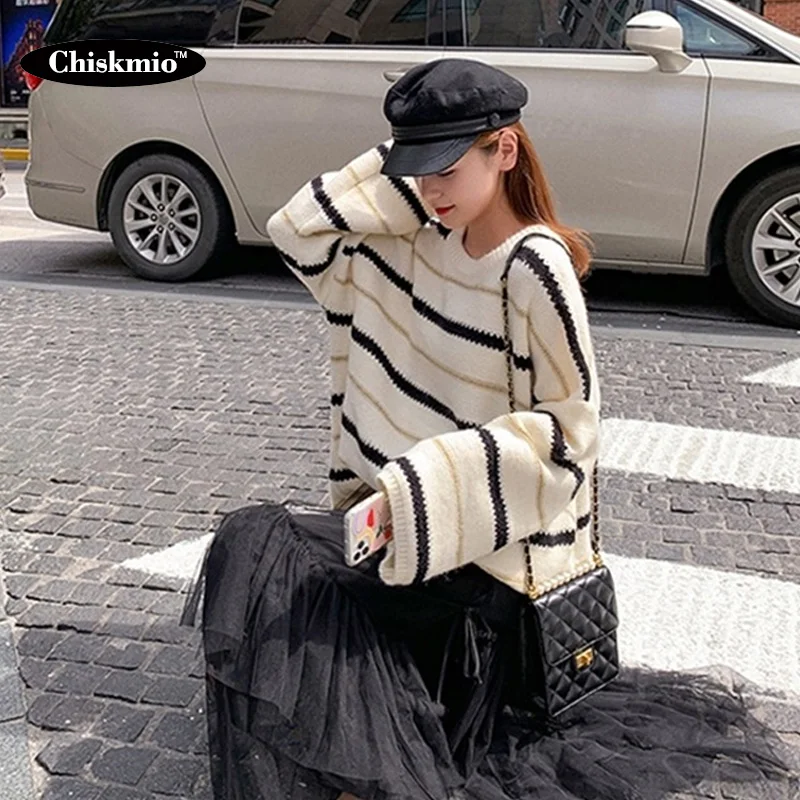 

Long Knitted Sweater Women Striped Knit Pullover Plus Size O-Neck Knitting Tops Korean Office Ladies Autumn Knitwear Harajuku