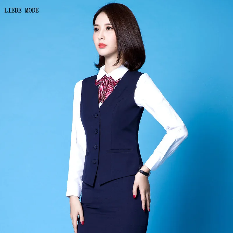 

Ladies Black Navy Blue Vest Shirt Skirt Pant 2 Two Piece Set Womens Slim Work Wear Suit Plus Size Korean Outfit for Women