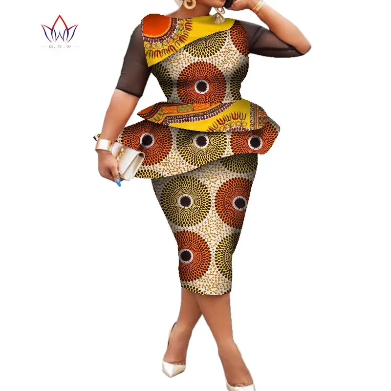 Women 2020 Fashion Clothes Half Sleeve African Printed Wax 2 Piece Set Women Crop Top And Skirt Set Dashiki Outfits 3xl WY7369