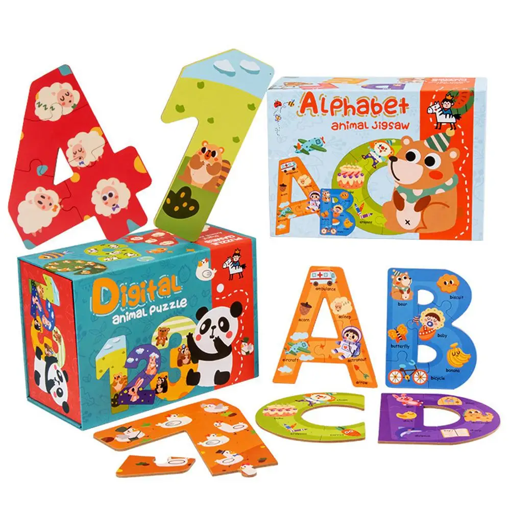 

Wooden Number Alphabet Puzzle with Colorful Patterns Educational Toys Kids Gift
