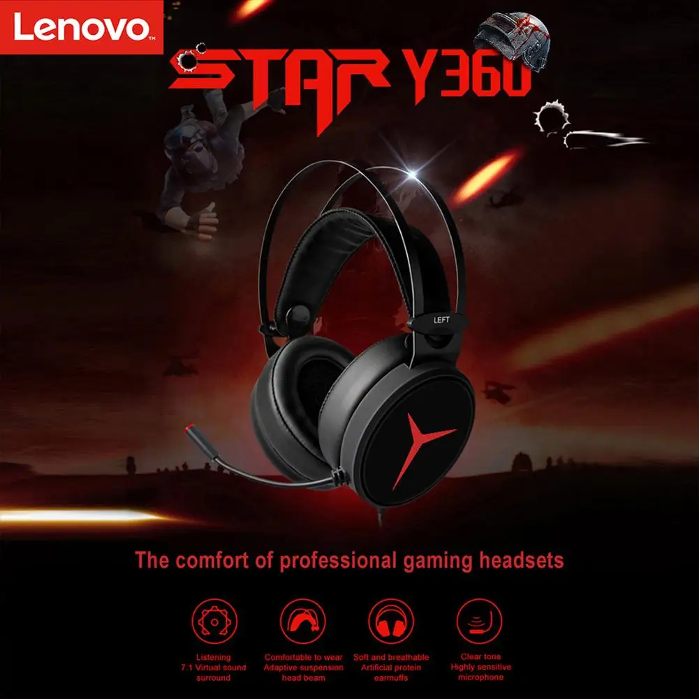 

Проводные Игровые наушники Lenovo Savior Y360 USB Virtual 7,1 звуковые эффекты и Накладные наушники-губки сильные басы с микрофоном