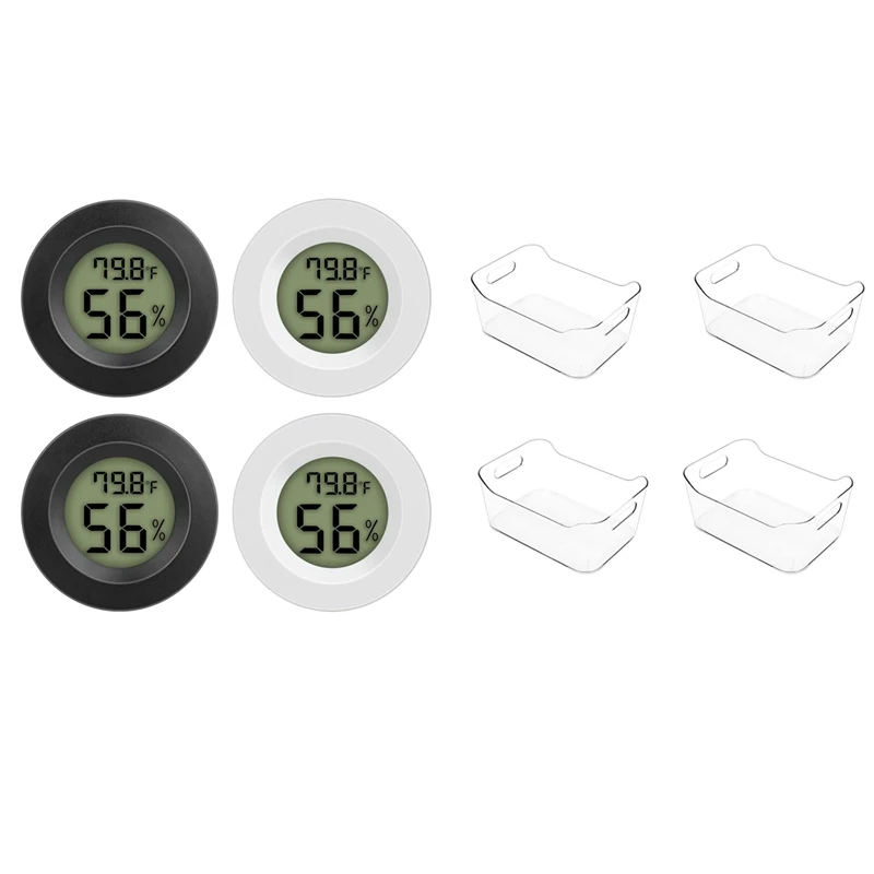 

HOT 4PCS Mini Digital Hygrometer Thermometer Hygrometer With 4PCS Refrigerator Organizer With Handle