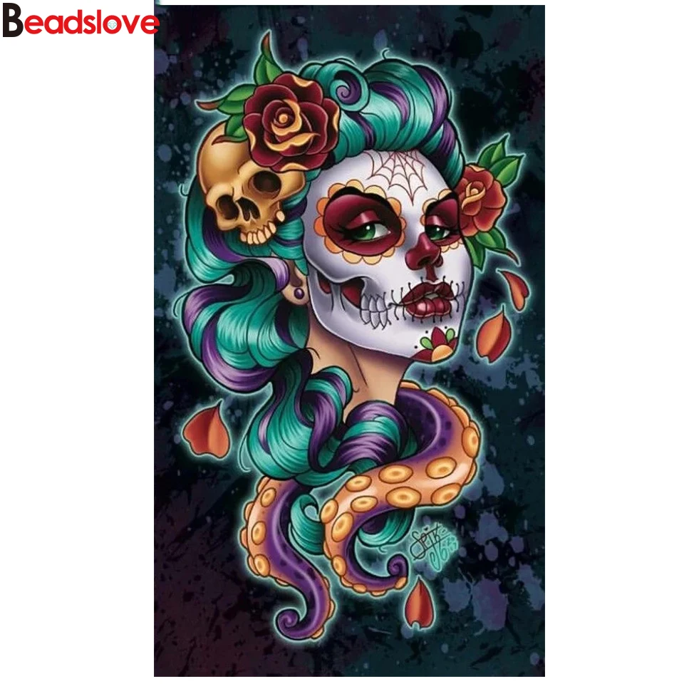 

3d diamond painting octopus skull women full drill square round diamond embroidery cross stitch Halloween portrait wall stickers