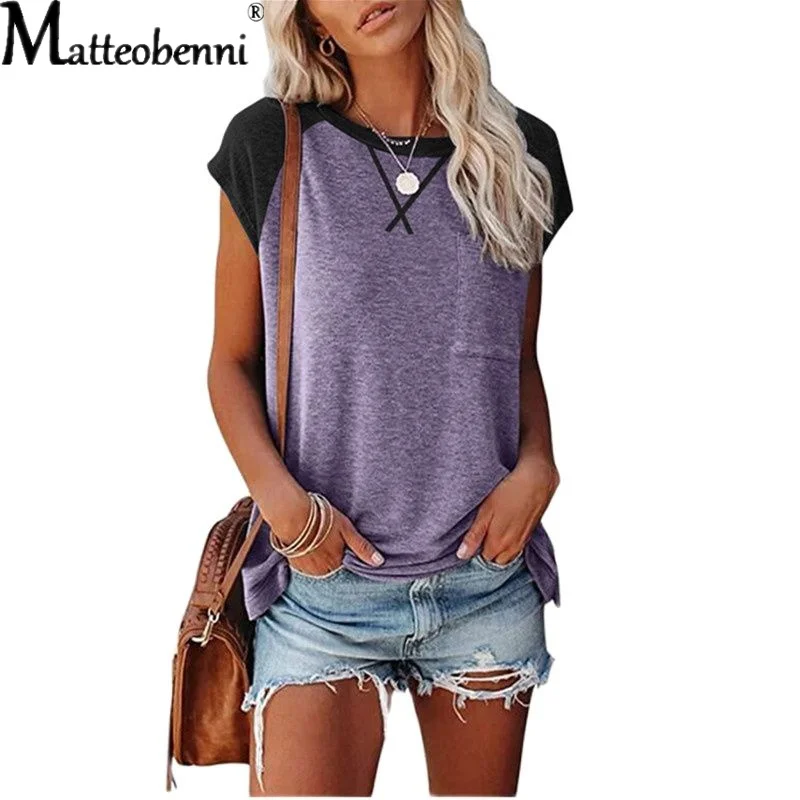 

Large Size T-shirts Summer Women Short Sleeve Color Matching Loose Casual Tshirt Ladies New Patchworked T Shirt Top Femme 2021