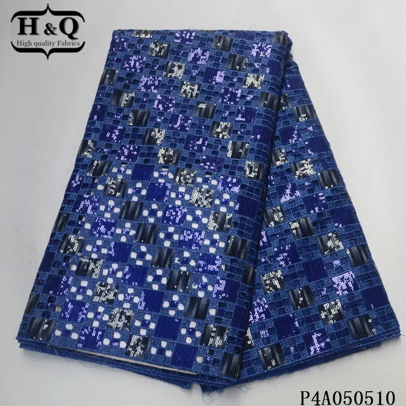 

Африканская кружевная ткань H & Q из органзы с блестками, синяя французская сетчатая Тюль высокого качества, нигерийская Сетчатая Ткань 5 ярд...