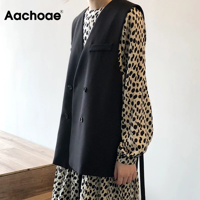 

Aachoae Chic 2020 Autumn Blazer Vest Women Solid V Neck Office Waistcoat With Belt Casual Double Breasted Sleeveless Jacket Coat