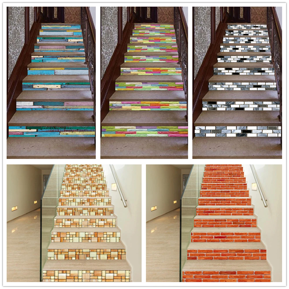 

Splicing Bricks Color Wood Grain Stairs Cover Home Decoration Classic Removable Floor Stair Sticker Paintings Stairway Stickers