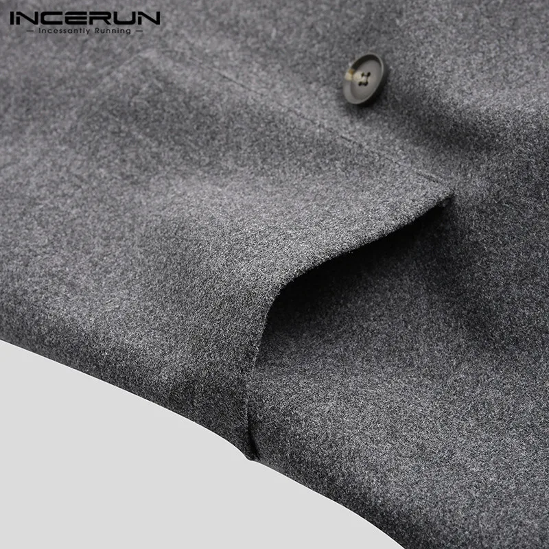 

INCERUN 2021 Fashion Men Solid Color Trench Long Sleeve Woolen Coats Double Breasted Long Sleeve Overcoat Men Pocket Outwear 3XL