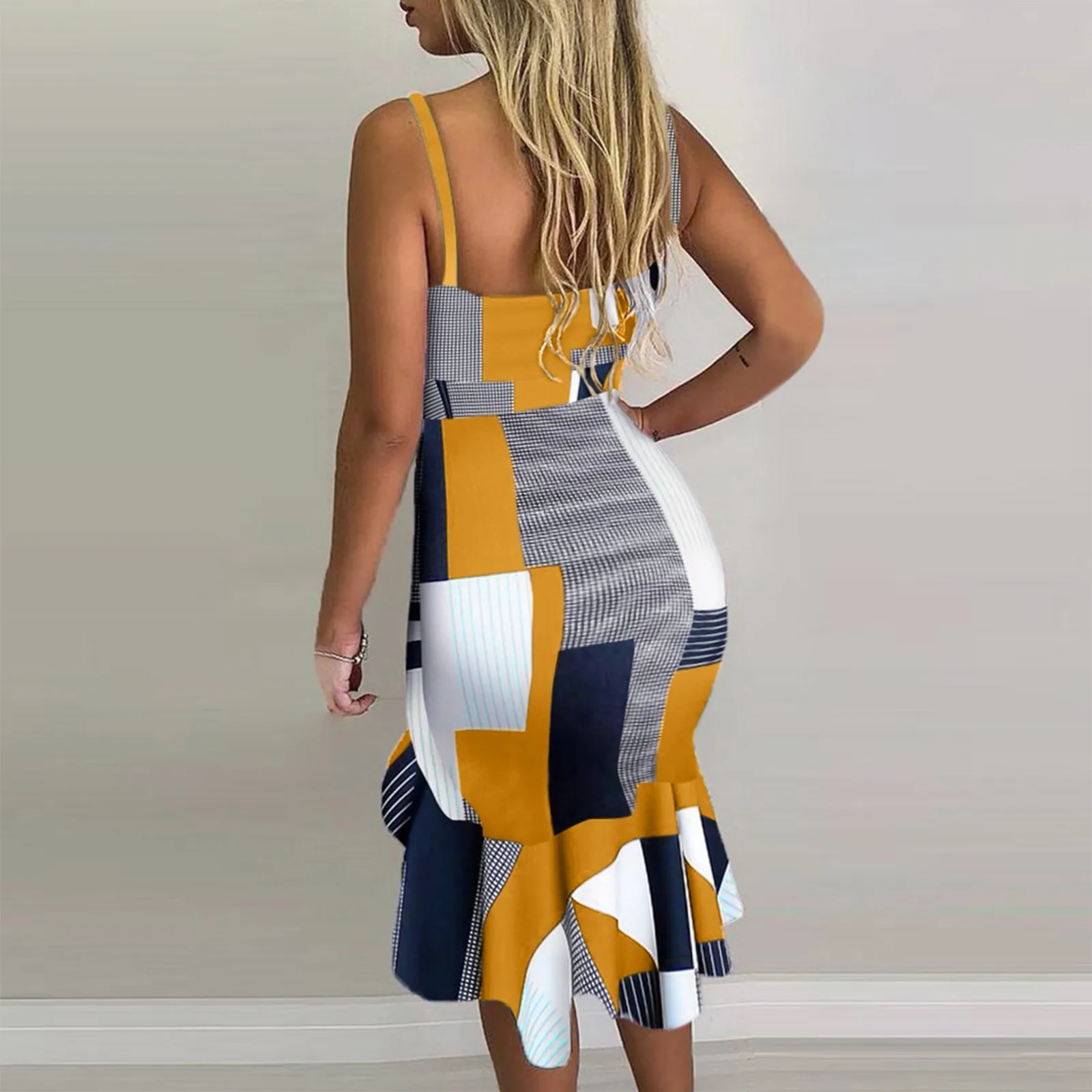 

Women Irregular Dress Splicing Patchwork Spaghetti Strap Sexy Dress Summer V Neck Sleeveless Bodycon Slim Fit Office Lady Robe