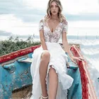 Богемные Простые Свадебные платья а-силуэта 2021 с открытой спиной и V-образным вырезом длиной ниже колена женское свадебное платье