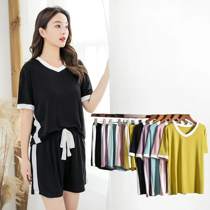Женская летняя пижама из тонкой ткани короткая футболка короткие штаны верхняя